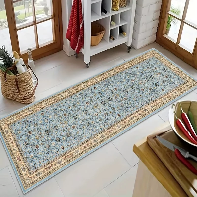 Tapis Long Floral Vintage Bleu et Doré Antidérapant pour Cuisine